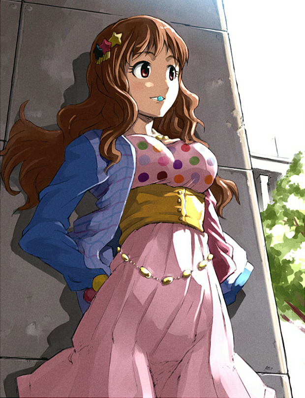 1girl, against_wall, arms_behind_back, breasts, brown_eyes, brown_hair, dress, hair_ornament