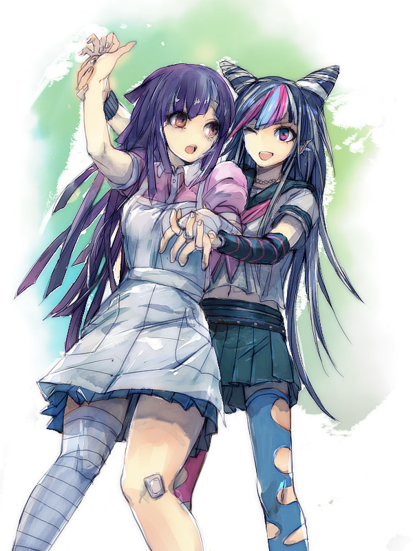 2girls, apron, bandages, dancing, ichimura_(kiln), long_hair, mioda_ibuki, multicolored_hair