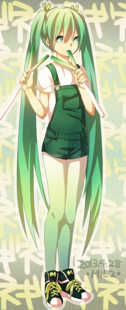 1girl, 2013, dated, eating, green_eyes, green_hair, hatsune_miku, long_hair