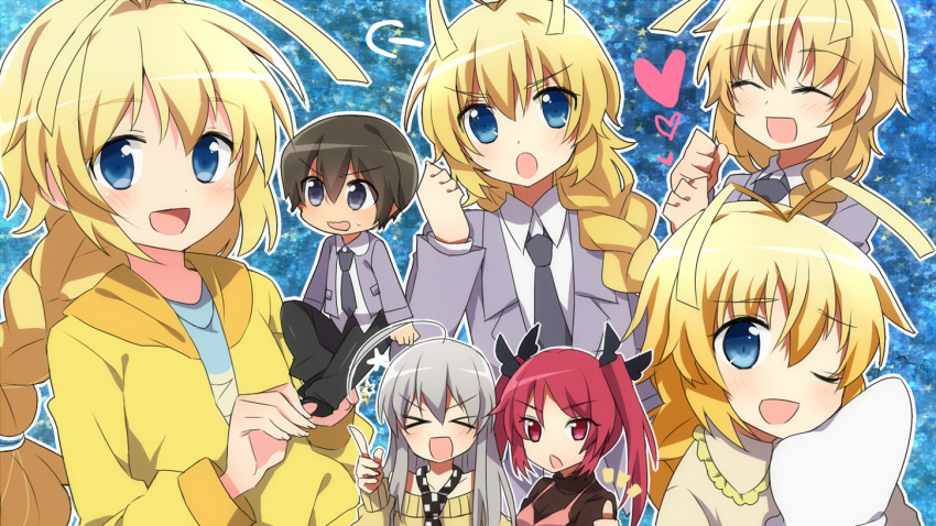 >_<, ahoge, antenna_hair, blonde_hair, blue_eyes, blush, braid, brown_hair