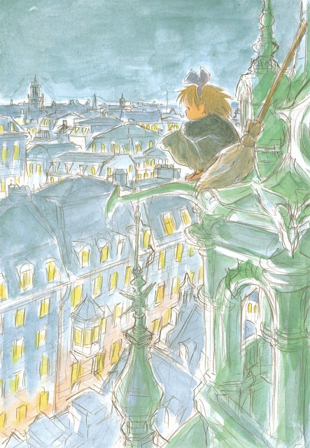 1girl, bow, broom, brown_hair, cityscape, concept_art, hair_bow, hairband