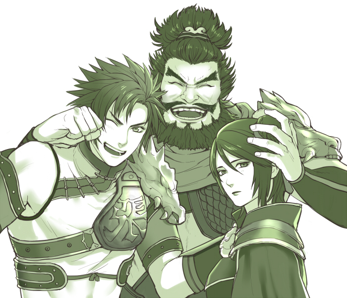 1girl, 2boys, ^_^, armor, beard, brother_and_sister, closed_eyes, facial_hair, family, father_and_daughter, father_and_son, minato_(robin), multiple_boys, mustache, open_mouth, shin_sangoku_musou, short_hair, siblings, smile, topknot, xing_cai, zhang_bao, zhang_fei