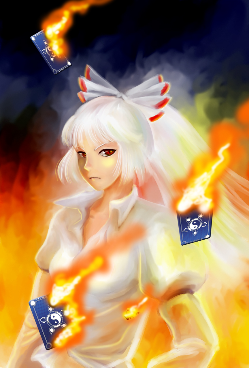 1girl, arm_garter, card, fire, flame, fujiwara_no_mokou, hair_ribbon, highres