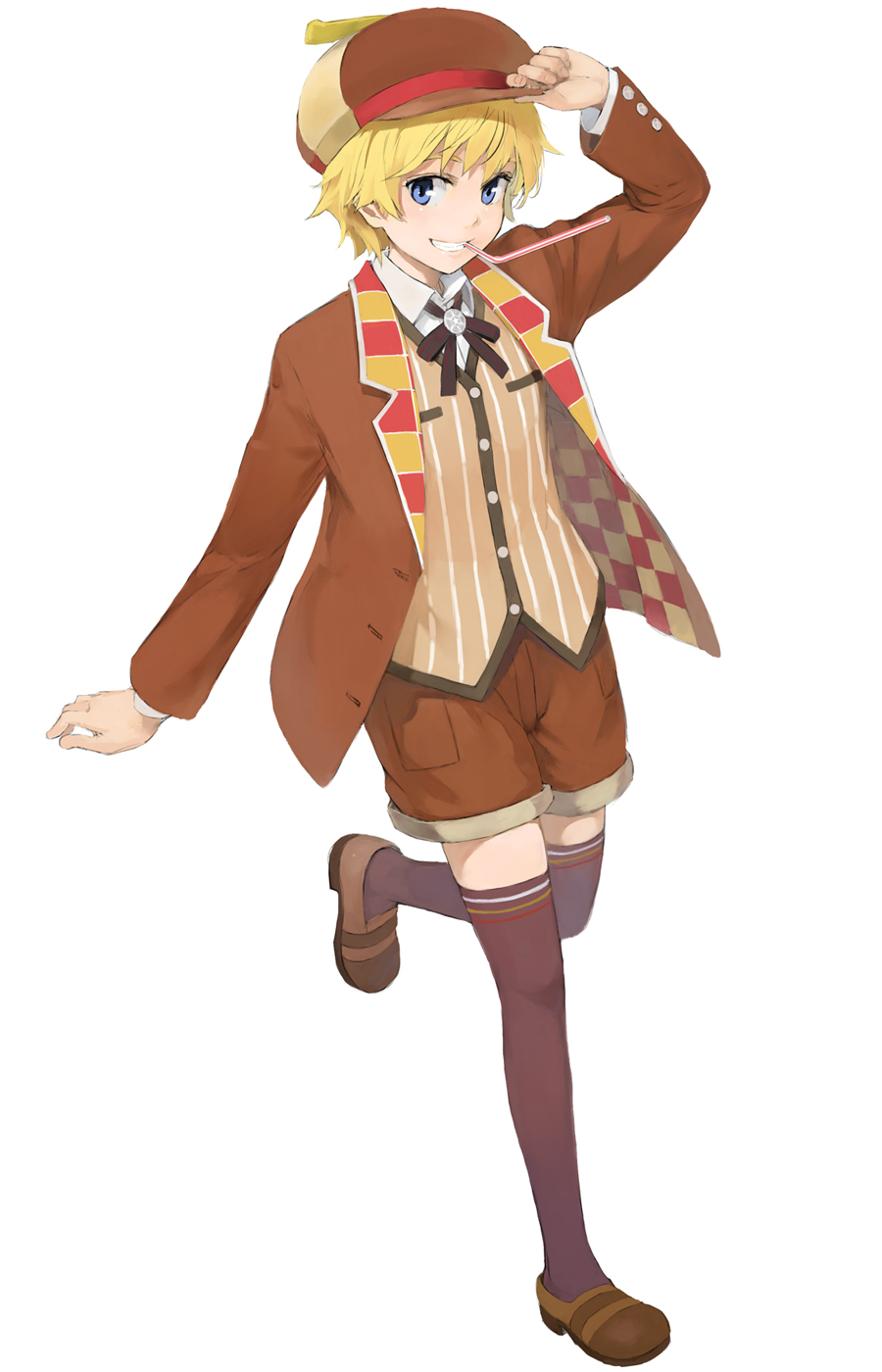 1girl, black_legwear, blonde_hair, blue_eyes, blush, crossdressinging, grin, hat