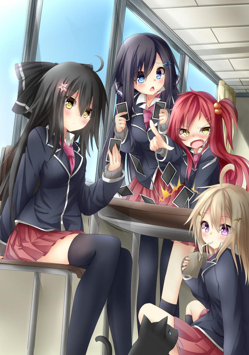 /\/\/\, 4girls, absurdres, ahoge, black_hair, black_legwear, blonde_hair, blue_eyes, blush, card, carton, cat, chabaneko, chestnut_mouth, d:, drinking, fang, hair_bobbles, hair_ornament, highres, multiple_girls, open_mouth, original, pink_eyes, pointing, redhead, side_ponytail, sitting, slam, straw, table, thigh-highs, yellow_eyes