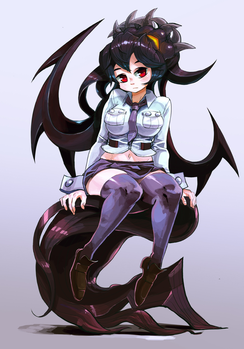 1girl, 27_degrees, black_hair, black_legwear, breasts, extra_mouth, filia_(skullgirls), long_hair, navel, necktie, prehensile_hair, red_eyes, samson_(skullgirls), school_uniform, skirt, skullgirls, solo, thigh-highs