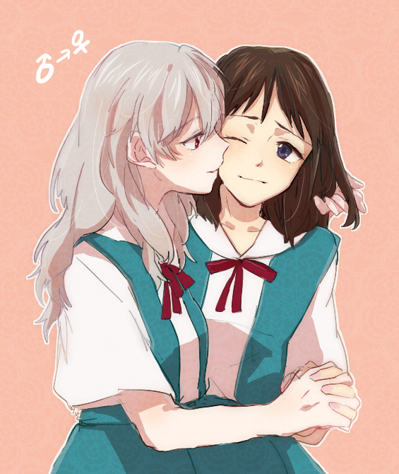 2girls, blue_eyes, genderswap, grey_hair, hand_in_hair, holding_hands, ikari_shinji, multiple_girls