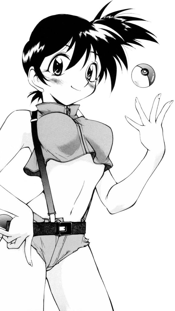 1girl, belt, blush, breasts, crop_top, cutoffs, dengeki!_pikachu, gym_leader, hand_on_hip, kamirenjaku_sanpei, kasumi_(pokemon), large_breasts, midriff, monochrome, navel, ono_toshihiro, poke_ball, pokemon, side_ponytail, smile, solo, suspenders, vector_trace