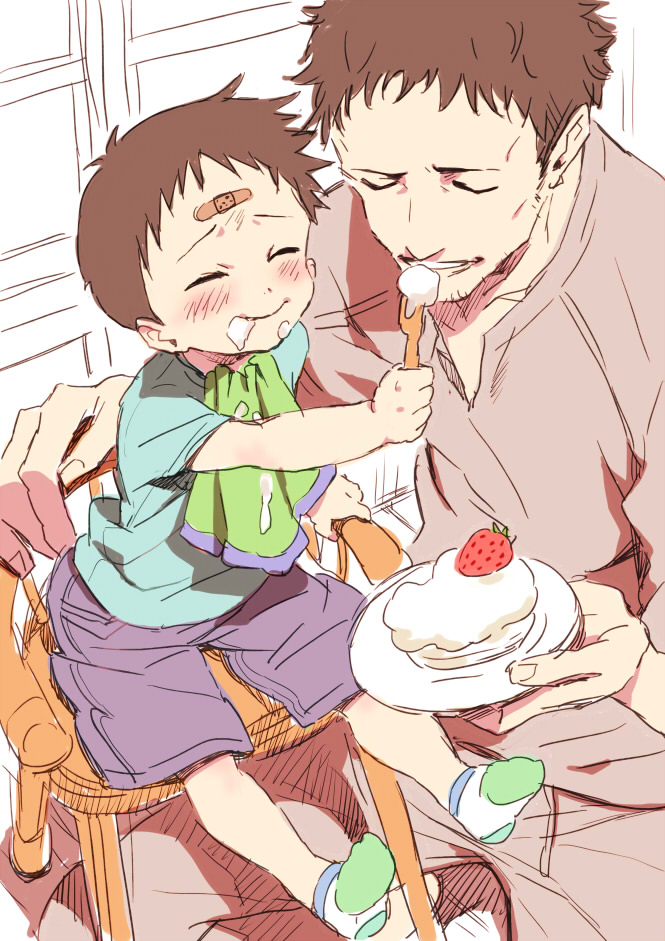 2boys, bandaid, cake, child, chocolate_sable, closed_eyes, dessert, father_and_son, feeding, food, ikari_gendou, ikari_shinji, multiple_boys, neon_genesis_evangelion, smile