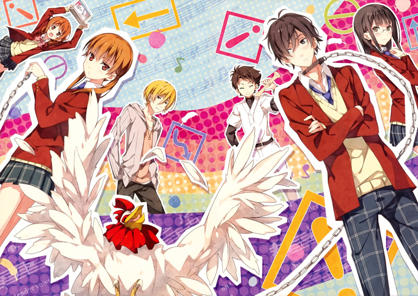 !, 3boys, 3girls, apple, arrow, baseball_bat, bird, black_hair