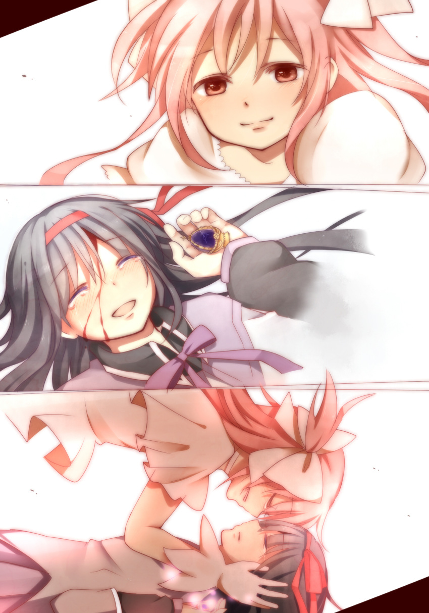 2girls, akemi_homura, black_hair, blood, blood_on_face, bow, closed_eyes, crack