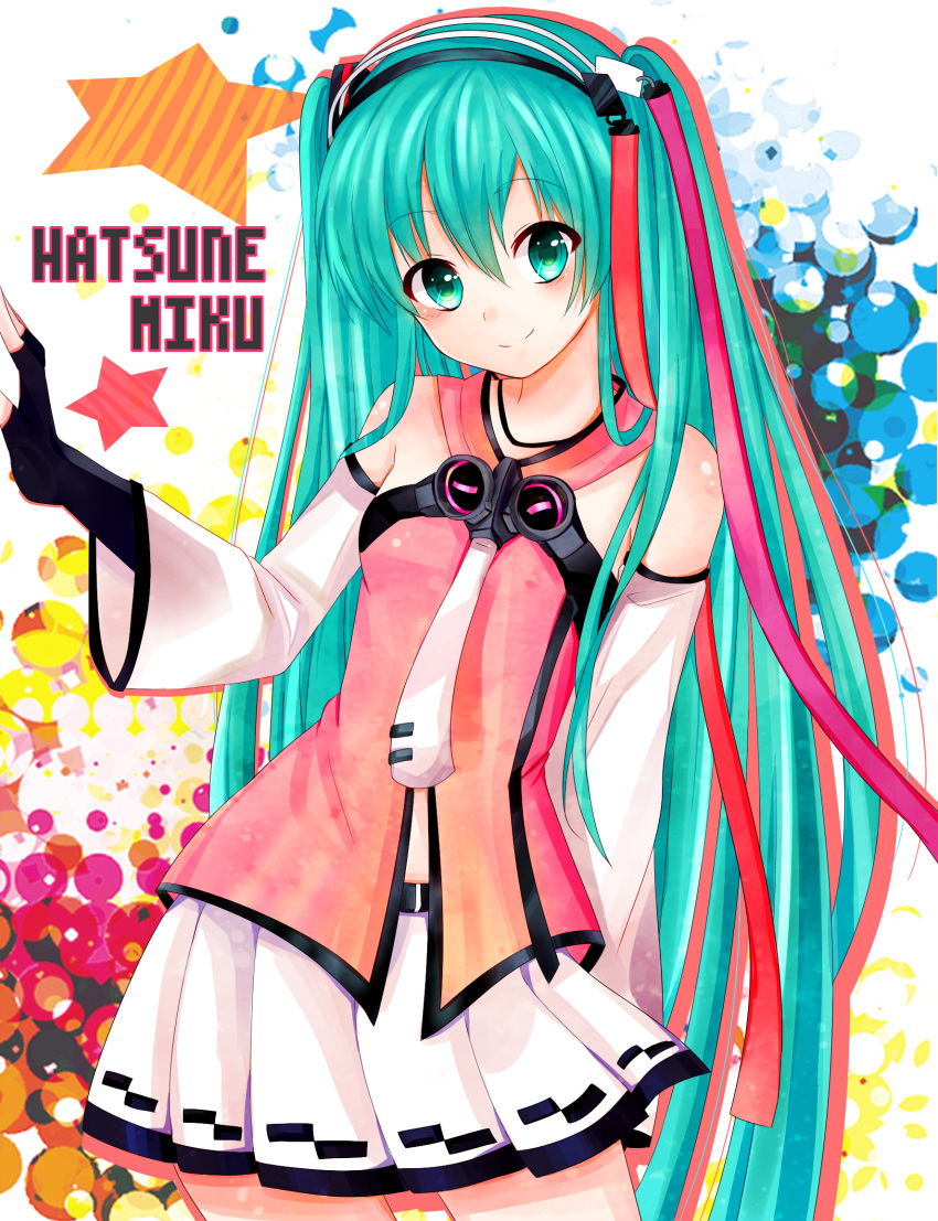 1girl, aqua_eyes, aqua_hair, character_name, detached_sleeves, fingerless_gloves, freely_tomorrow_(vocaloid), gloves