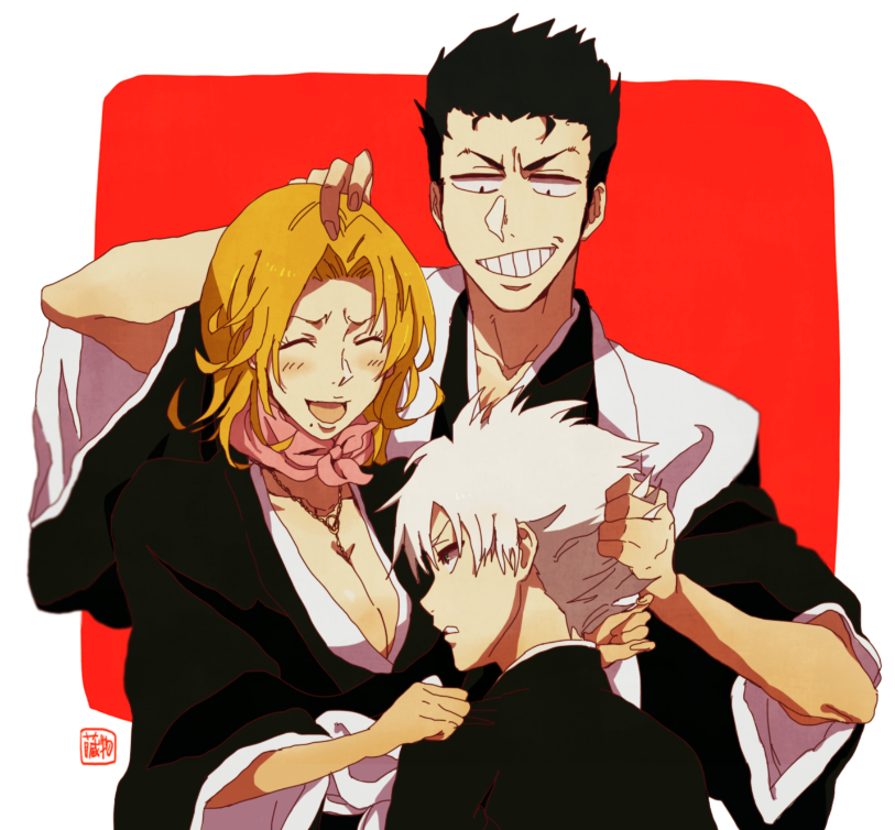 1girl, 2boys, annoyed, bleach, blonde_hair, breasts, closed_eyes, grin