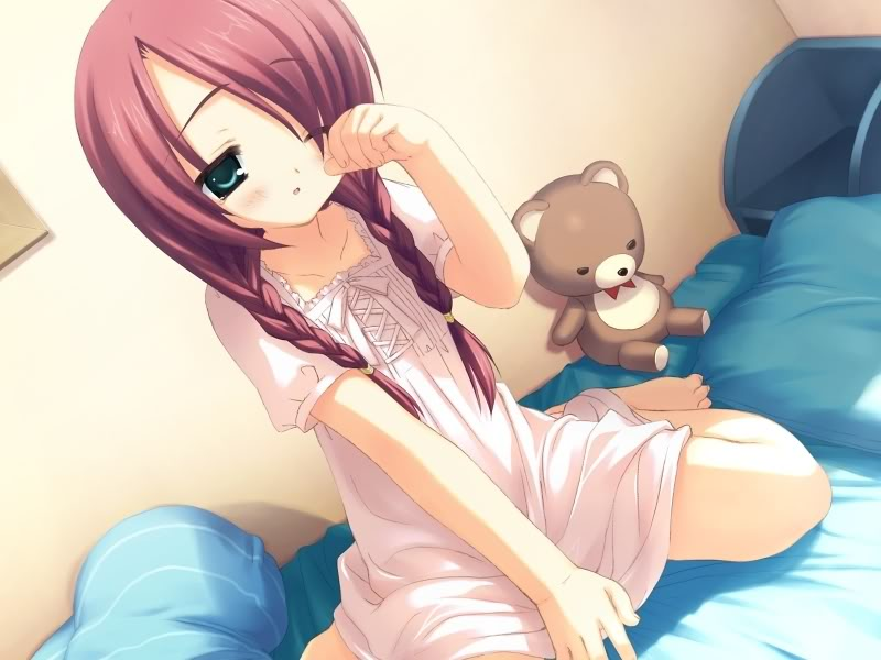 bed, hajimete_no_otetsudai, naruse_ayuka, pajamas, sleepy, solo, stuffed_animal, stuffed_toy, teddy_bear, twin_braids