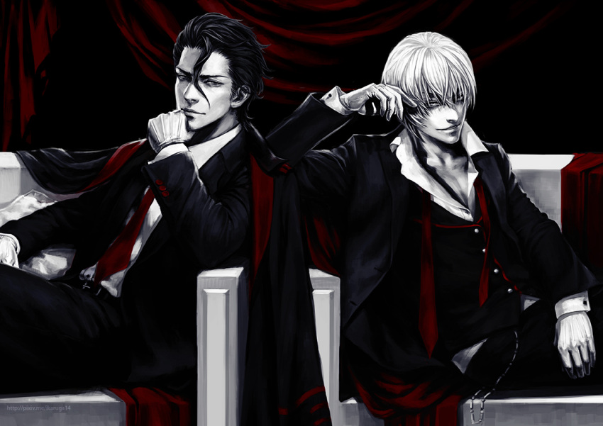 2boys, aizen_sousuke, bleach, formal, gloves, ichimaru_gin, jun_du, monochrome, multiple_boys, necktie, smirk, spot_color, suit