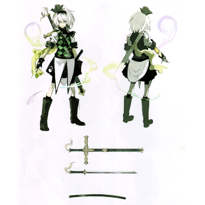 1girl, absurdres, argyle, banpai_akira, boots, cloth, concept_art, from_behind, full_body, hairband, highres, katana, konpaku_youmu, konpaku_youmu_(ghost), koumajou_densetsu, koumajou_densetsu_2, scan, short_hair, skier, solo, sword, touhou, weapon, white_background