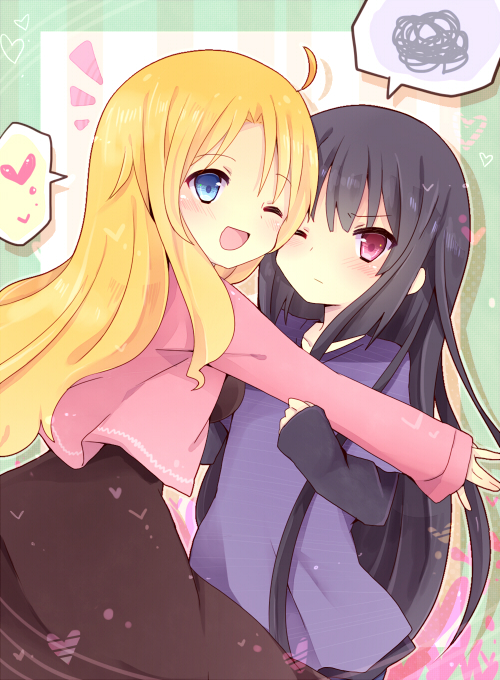 1boy, 1girl, 3535carrot, akasaka_ryuunosuke, blonde_hair, blue_eyes, blush, heart, long_hair, open_mouth, red_eyes, rita_ainsworth, sakura-sou_no_pet_na_kanojo, smile, wink