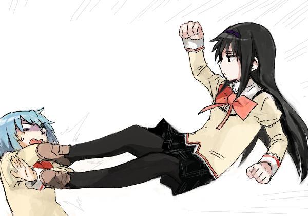 2girls, akemi_homura, black_hair, blue_hair, drop_kick, hairband, long_hair, mahou_shoujo_madoka_magica