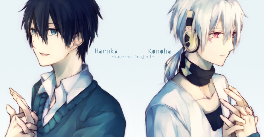2boys, black_hair, blue_eyes, dual_persona, headphones, highres, kagerou_project, konoha_(kagerou_project), mole, multiple_boys, nameco3, ponytail, silver_hair, violet_eyes