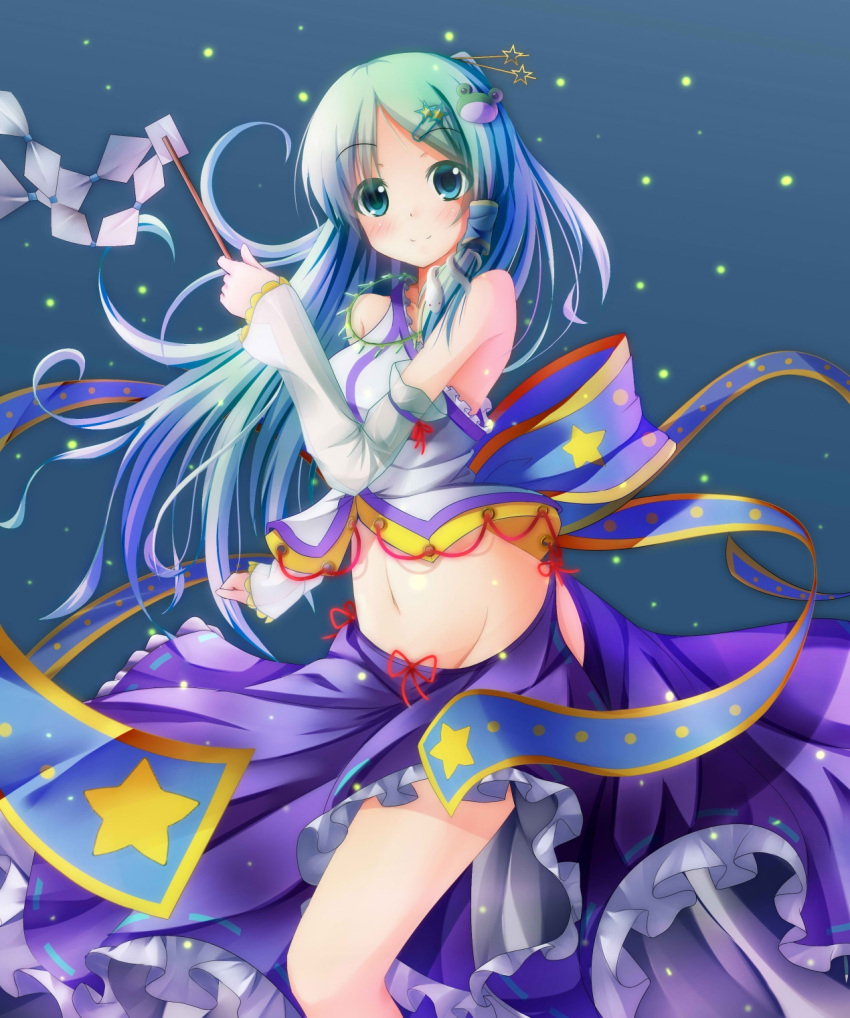 1girl, bare_shoulders, frog_hair_ornament, gohei, green_eyes, green_hair, hair_ornament, hairclip