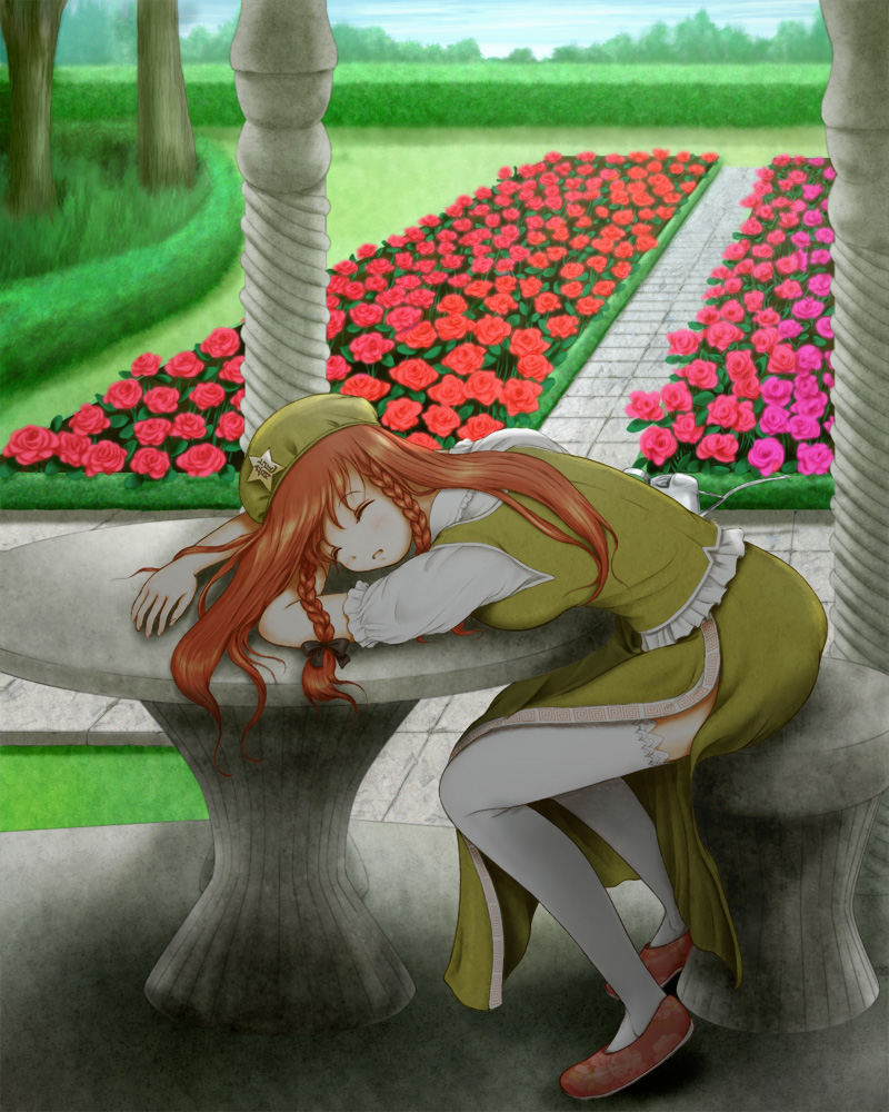1girl, braid, closed_eyes, dress, flower, garden, hong_meiling, kurage_(artist)