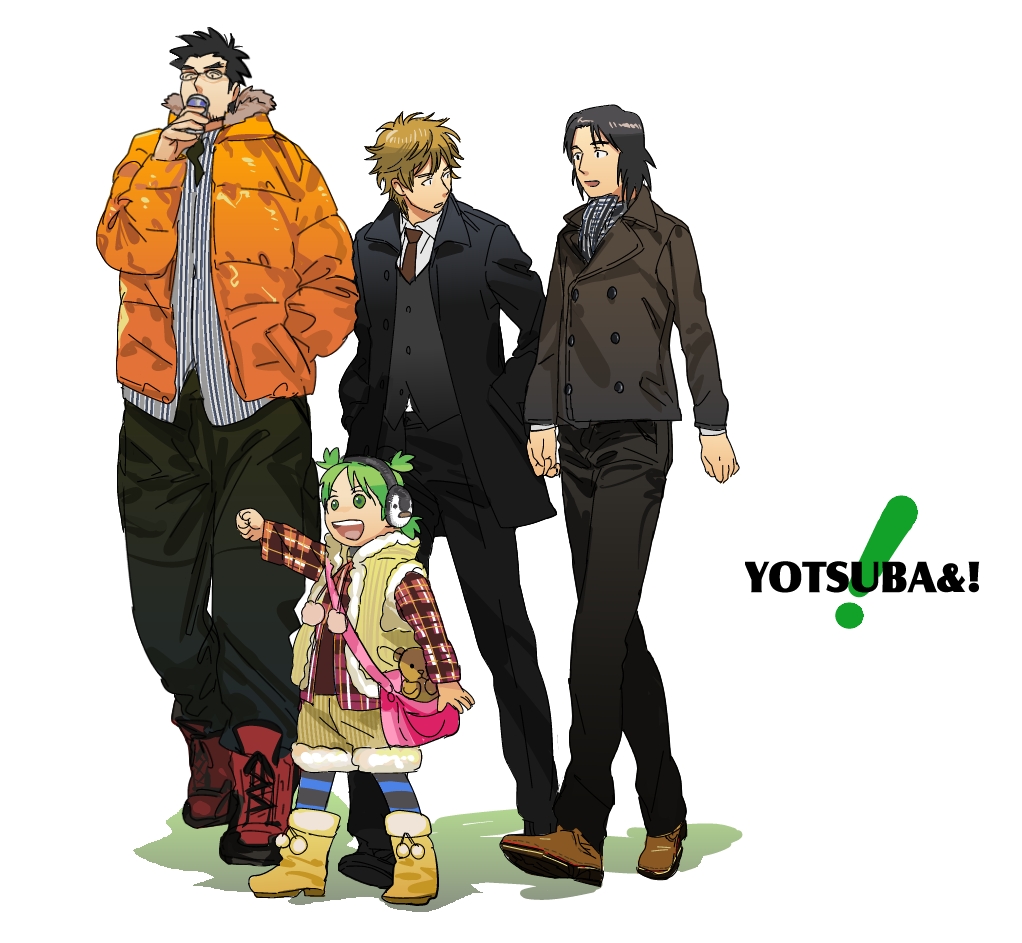 1girl, 3boys, black_hair, brown_hair, can, coat, duralumin, formal