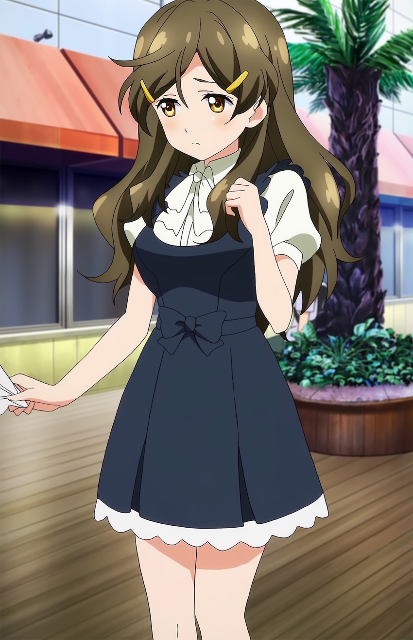 blush, brown_hair, casual, hair_ornament, hairpin, highres, long_hair, open_mouth