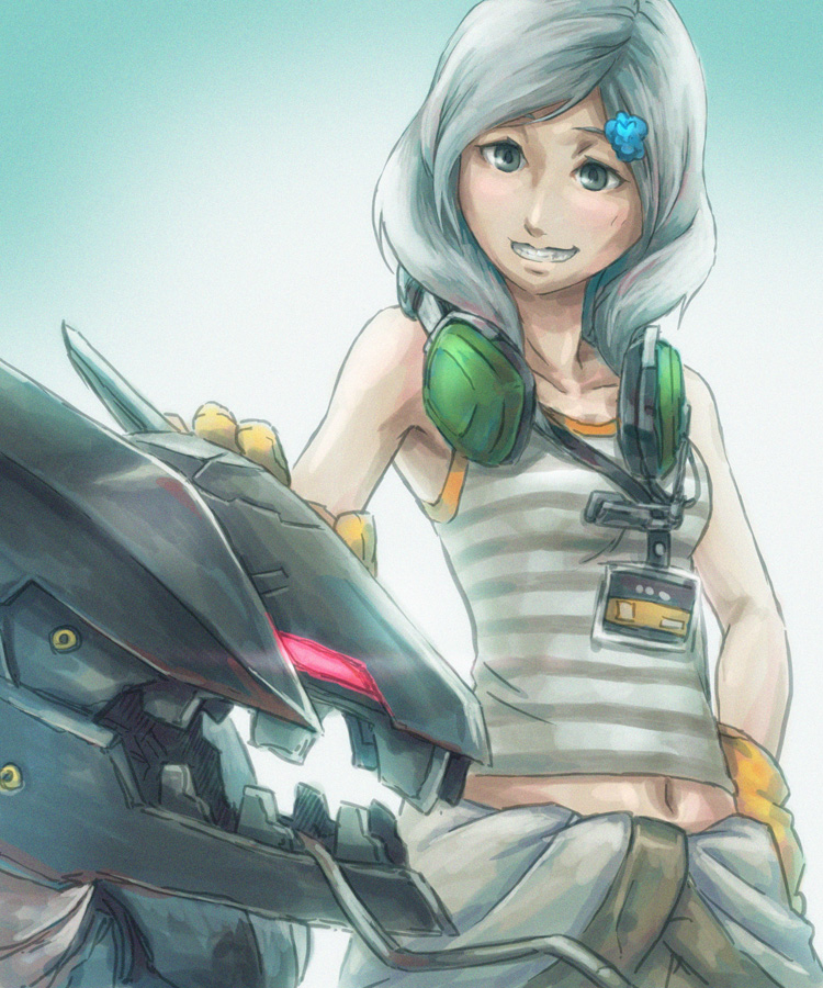 1girl, bladewolf, clothes_around_waist, ear_protection, flower, gloves, glowing, glowing_eyes