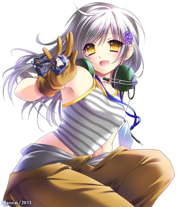 1girl, bladewolf, brown_eyes, bururai, charm_(object), clothes_around_waist, ear_protection, flower, gloves, hair_ornament, hairclip, headset, jumpsuit, lanyard, long_hair, metal_gear, metal_gear_rising:_revengeance, raiden, silver_hair, small_breasts, smile, solo, striped, sunny_gurlukovich, tank_top