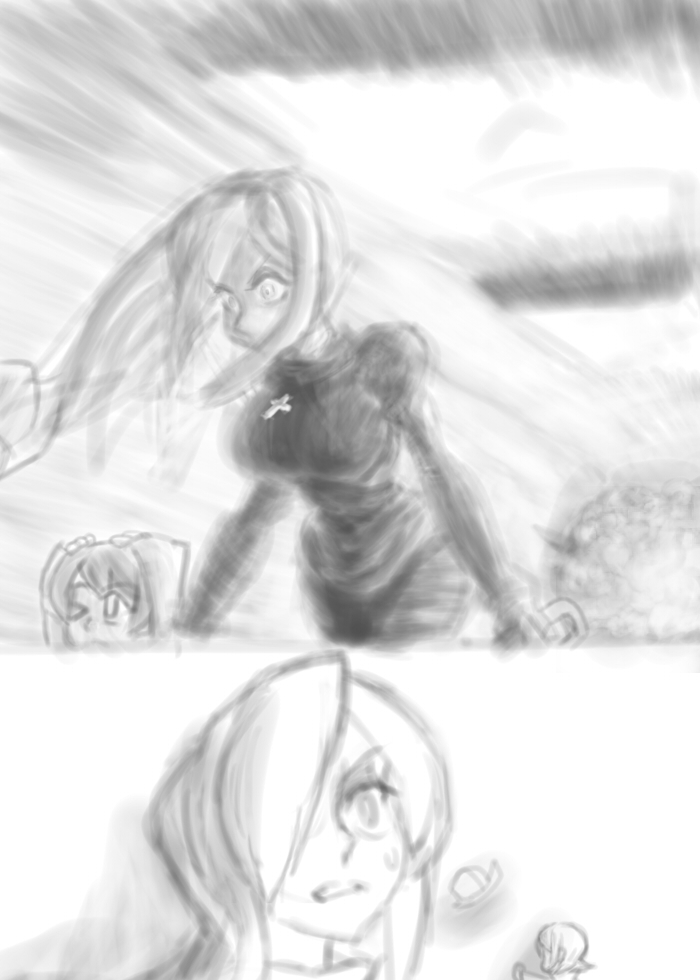 2girls, breasts, comic, cross, cross_necklace, explosion, hair_over_one_eye, hat