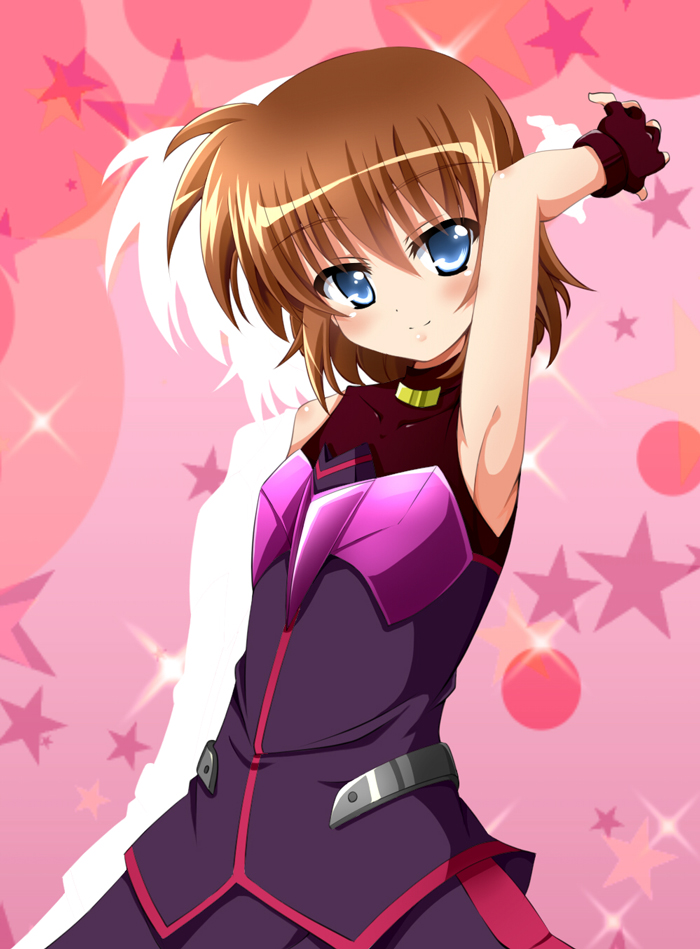 1girl, armpits, bare_shoulders, blue_eyes, blush, brown_hair, circle, fingerless_gloves