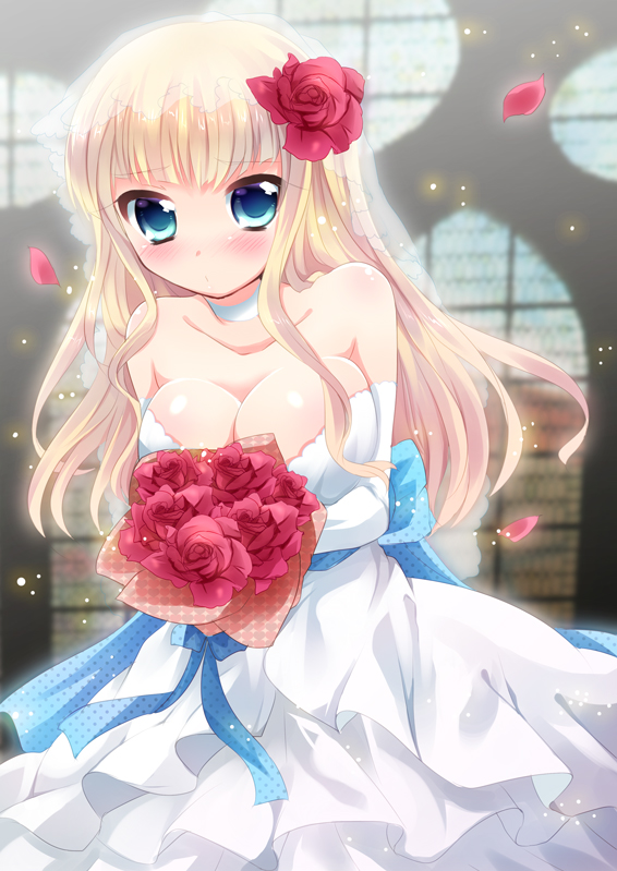 1girl, bare_shoulders, beatrice, blonde_hair, blue_eyes, blush, bouquet, breasts