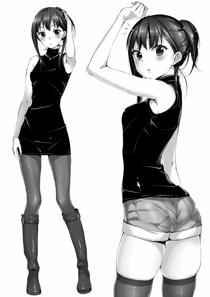 1girl, aida_takanobu, arm_up, boots, idolmaster, idolmaster_cinderella_girls, jewelry, monochrome