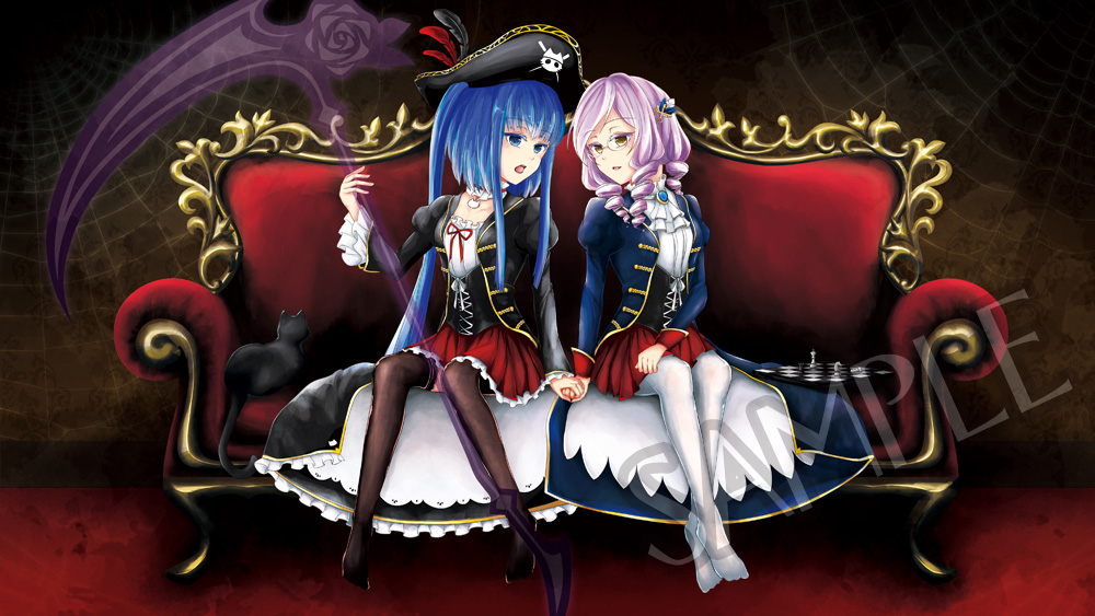 2girls, black_cat, black_legwear, blue_eyes, blue_hair, cat, chess_piece, chessboard, choker, coat, couch, cravat, dlanor_a_knox, drill_hair, furudo_erika, glasses, hat, holding_hands, kurahika, multiple_girls, no_shoes, pantyhose, pirate_hat, purple_hair, sample, scythe, sitting, twintails, umineko_no_naku_koro_ni, white_legwear, yellow_eyes