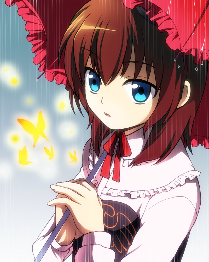 brown_hair, butterfly, hands, rain, ribbon, short_hair, solo, umbrella