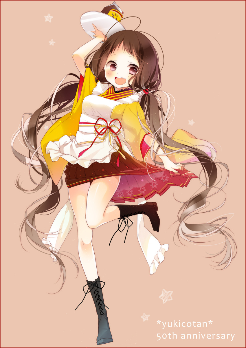 1girl, :d, apron, blush, boots, border, brown_background, brown_hair