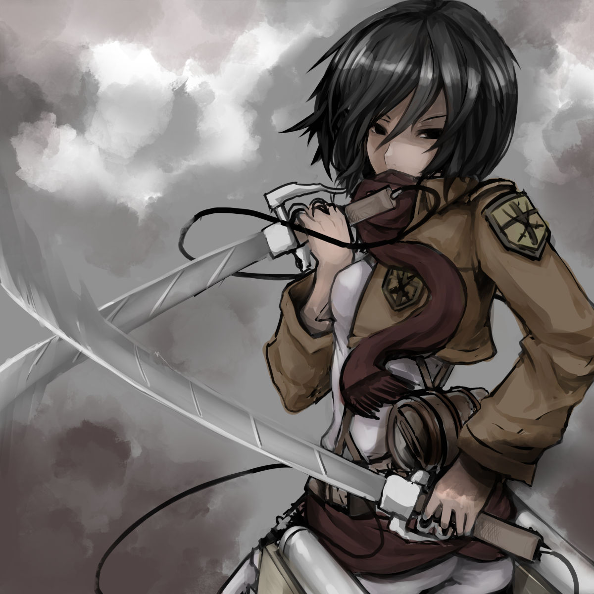 black_eyes, black_hair, dual_wielding, hachachi, highres, jacket, mikasa_ackerman, scarf