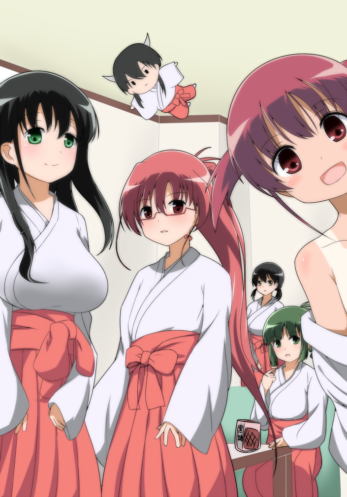 5girls, breasts, flat_chest, glasses, green_eyes, green_hair, hakama, huge_breasts
