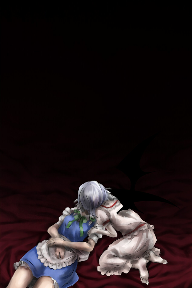 2girls, apron, back, barefoot, dark, dress, frills, izayoi_sakuya