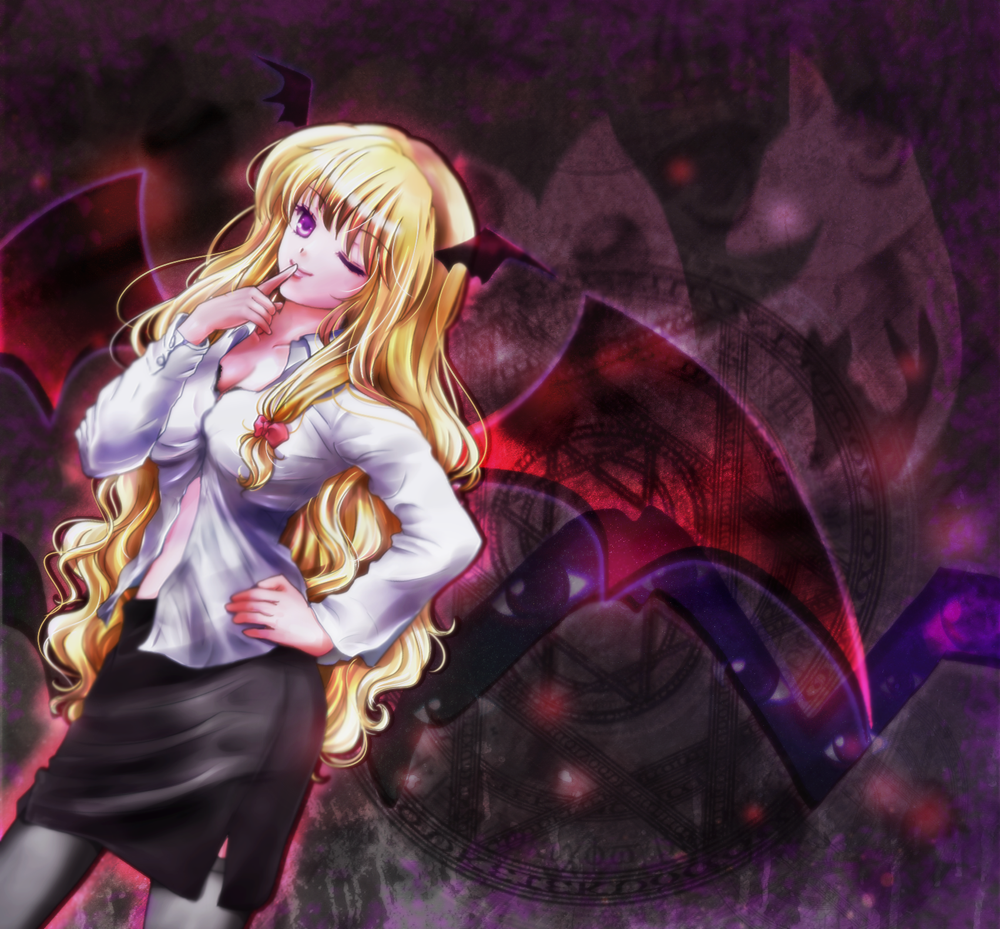 1girl, aura, bat_wings, blonde_hair, bow, breasts, cleavage, cosplay