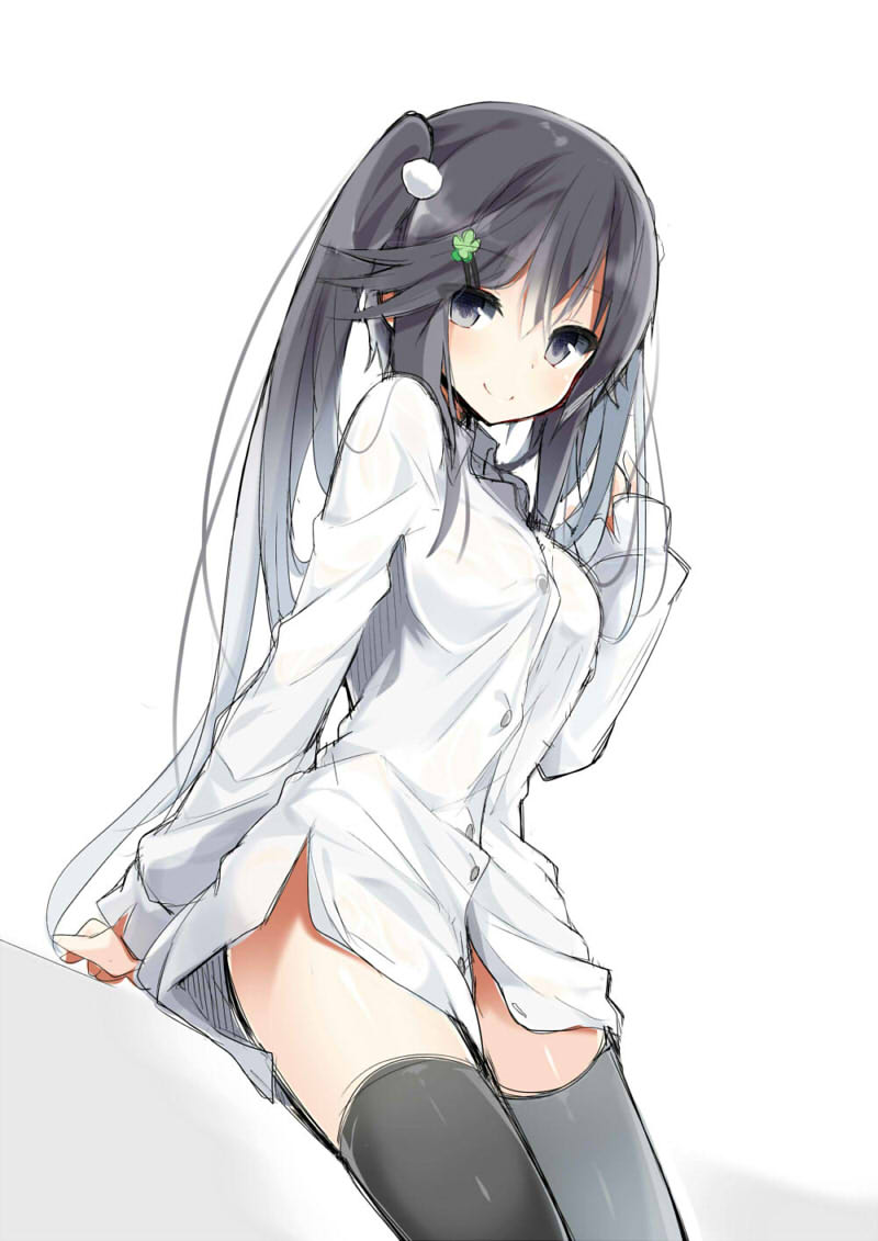 1girl, black_hair, black_legwear, character_request, hair_bobbles, hair_ornament, hairclip, kazu_kakao