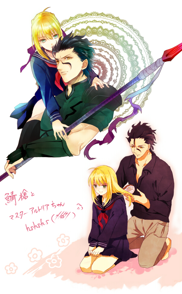 1boy, 1girl, black_hair, blonde_hair, fate/zero, fate_(series), female, gae_dearg