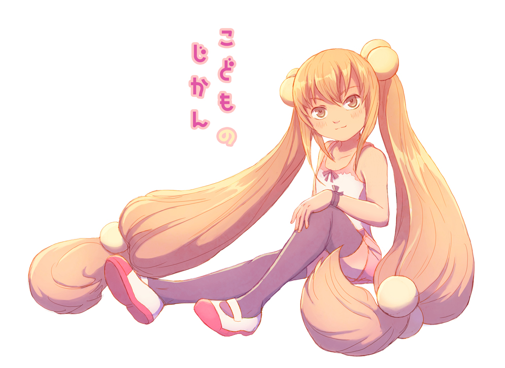 1girl, bare_shoulders, blush, brown_eyes, brown_hair, copyright_name, hair_bobbles, hair_ornament, juliette_fournier, kodomo_no_jikan, kokonoe_rin, long_hair, shoes, simple_background, sitting, smile, solo, tagme, thigh-highs, twintails, uwabaki, very_long_hair, white_background, zettai_ryouiki