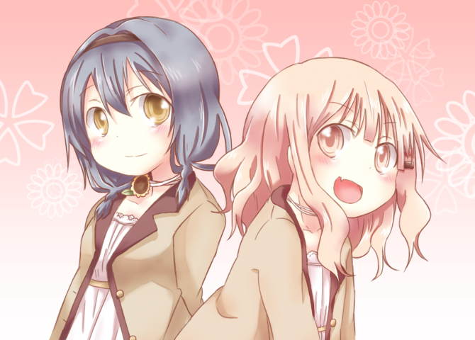 2girls, :d, blonde_hair, blue_hair, braid, brown_eyes, fang, flower