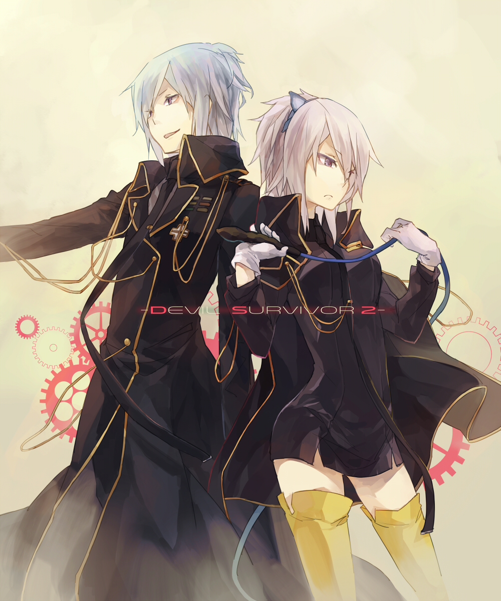 boots, cape, devil_survivor_2, gloves, highres, hotsuin_miyako, houtsuin_yamato, megami_ibunroku_devil_survivor