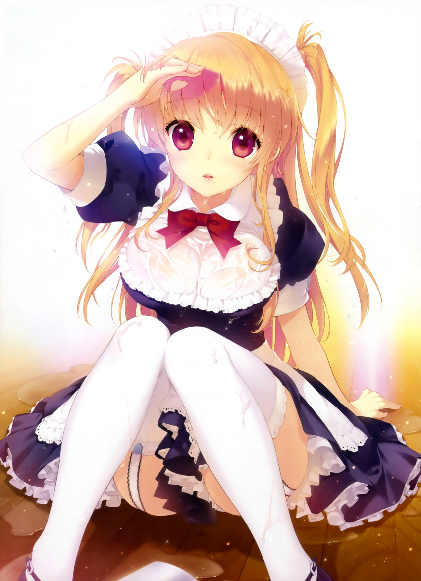1girl, absurdres, arm_up, asymmetrical_hair, blonde_hair, bowtie, breasts, cleavage