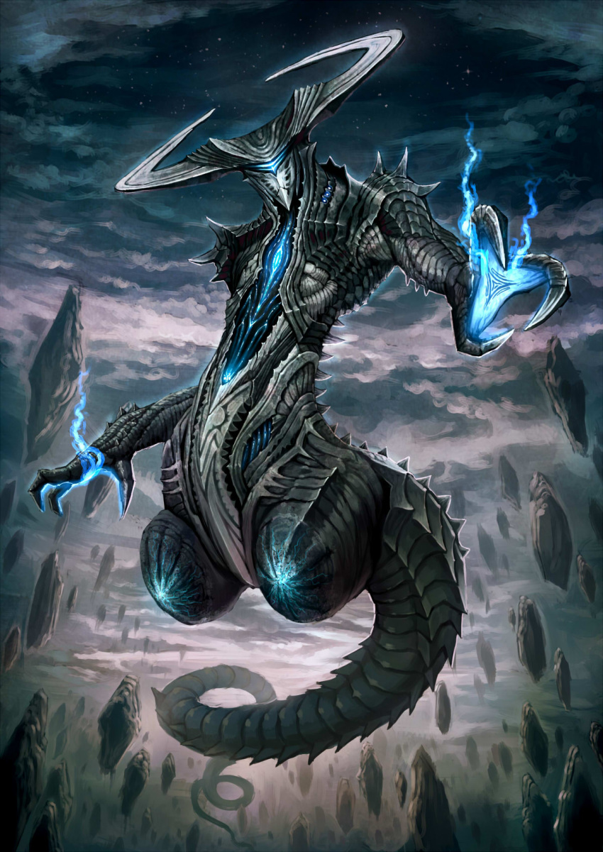 claws, clouds, flying, highres, horns, monster, nekoemonn, no_humans