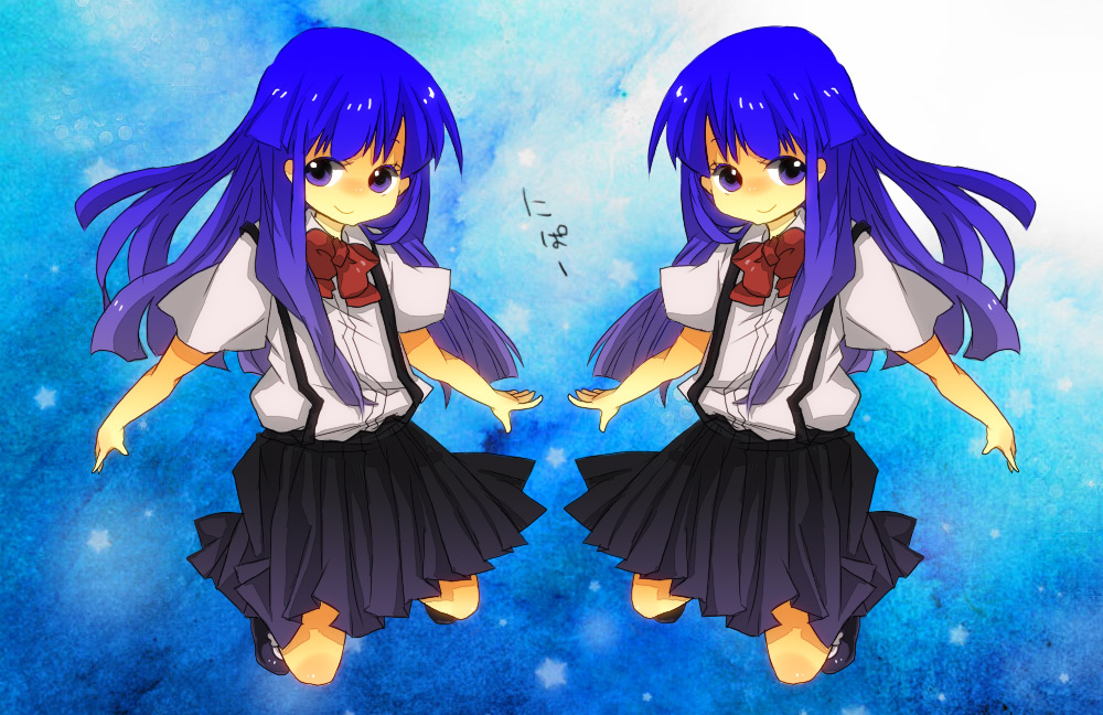 blue_hair, bowtie, furude_rika, hemo, higurashi_no_naku_koro_ni, long_hair, purple_eyes, school_uniform, skirt, smile, solo, symmetry, translation_request, violet_eyes