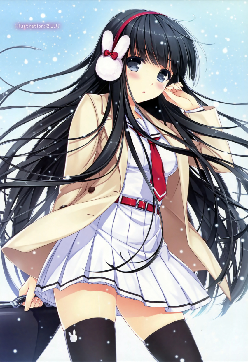 1girl, absurdres, bangs, black_hair, black_legwear, blue_eyes, blunt_bangs, blush