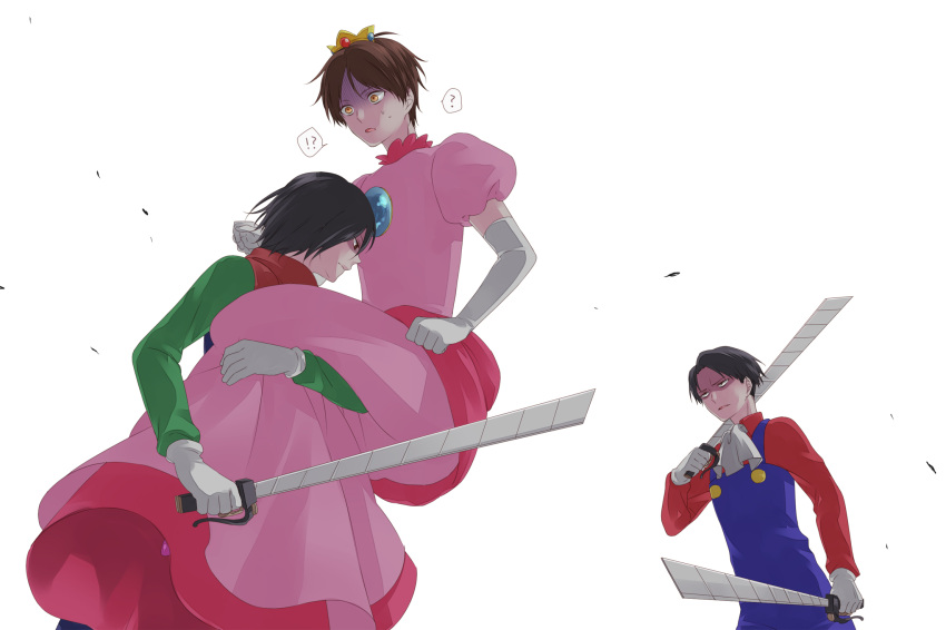 !?, 1girl, 2boys, ?, ascot, black_hair, brown_hair, carrying, cosplay, crossdressinging, crown, dual_wielding, eren_jaeger, gloves, highres, long_hair, luigi, luigi_(cosplay), maplemarimo, mario, mario_(cosplay), mikasa_ackerman, multiple_boys, princess_peach, princess_peach_(cosplay), rivaille, scarf, shingeki_no_kyojin, short_hair, super_mario_bros., sword, weapon